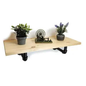 Solid Pine Rustical Shelf Primed Black Industrial Pipe Bracket 25x80cm