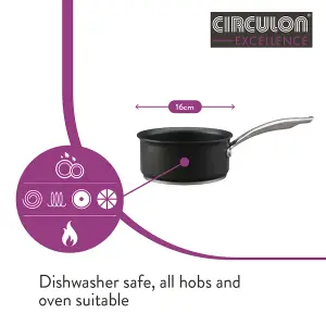 Circulon Excellence Black Round Hard Anodised Aluminium Easy Clean Non-Stick Milk Pan 16cm, 1.4L