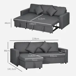 HOMCOM Corner Sofa Bed with Storage, 3 Seater Pull Out Sofa Bed, Dark Grey