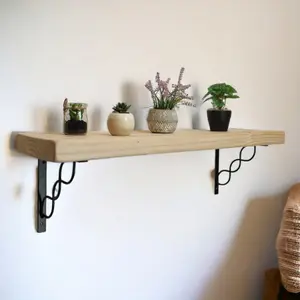 Solid Wood Handmade Rustical Shelf Unprimed 225mm 9 inch with Black Metal Bracket WPRP Length of 180cm