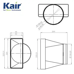 Kair Ducting Adaptor 220mm x 90mm to 150mm - 6 inch Rectangular to Round Straight Channel Connector