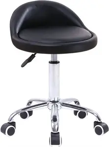 KKTONER PU Leather Round Rolling Stool With Back Rest Height Adjustable Swivel Drafting Work SPA Task Chair With Wheels (Black)