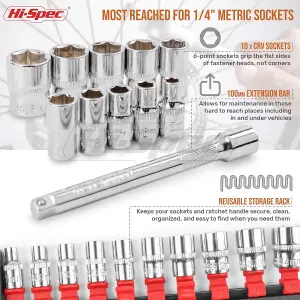 Hi-Spec 12pc 1/4 inch Metric Socket Set with Ratchet Wrench & Extension Bar