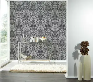 AS Creation Floral Damask Baroque Ornament Jewel Wallpaper Metallic Embossed 10m Roll Silver Black 36910-2