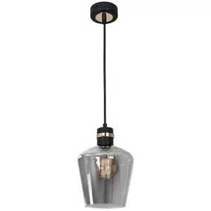 Milagro Richmond Black/Gold Pendant Lamp 1XE27 Stunning Hand Made Smoked Glass Quality Matt Black Fittings With Gold Detail