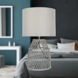 First Choice Lighting Bamboo Grey Wash Bamboo 36cm Table Lamp With Grey Fabric Shade