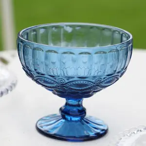 Set of 4 Vintage Sapphire Blue Glass Trifle Bowl and Dessert Bowls