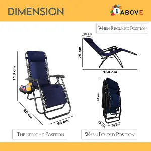 1ABOVE Set of 2 Folding Reclining Chairs Heavy Duty Textoline Zero Gravity Chairs Garden Outdoor Patio Sun Loungers Blue