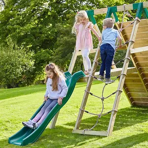 Rebo Wooden Climbing Frame with Vertical Rock Wall, Swing Set and Slide - San Luis+ Pink