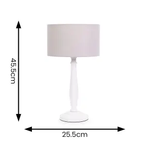 ValueLights Victoria Traditional White Wood Candlestick Table Lamp with Grey Drum Shade