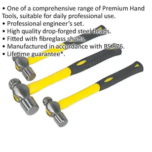 Premium 3 Piece Ball Pein Hammer Set with Fibreglass Shafts - 12oz, 1lb, 1.5lb