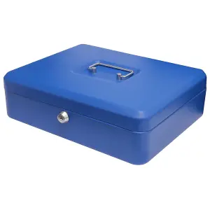 Lockable 12" Steel Cash Box - Money Organiser Safe with Note & Coin Tray, Cylinder Lock & Carry Handle - H9 x W30 x D24cm, Blue