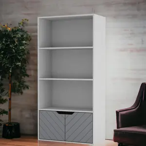 URBNLIVING 4 Tier White Wooden Bookcase Cupboard with 2 Grey Line Doors Storage Shelving Display Cabinet