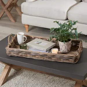 Vintage Large Rectangular Grey Rattan Serving Tray