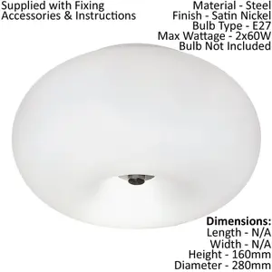 Wall Flush Ceiling Light Satin Nickel Shade White Glass Opal Matt Bulb E27 2x60W