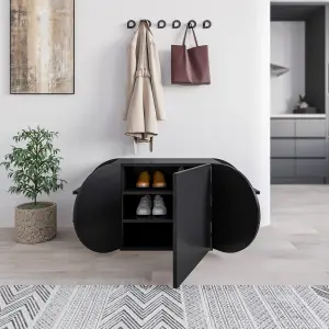 Decortie Modern Pozy Shoe Bench Storage Black 110(W)cm Oval Shape 3-Door Minimal Organiser for Office, Hallway