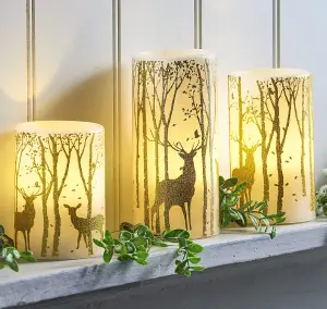 3 x Christmas Woodland Real Wax LED Pillar Candles - Battery Powered Flickering Light Home Decoration - 1 of Each 10, 12.5 & 15cm