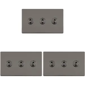 3 PACK 3 Gang Triple Retro Toggle Light Switch SCREWLESS BLACK NICKEL 10A 2 Way