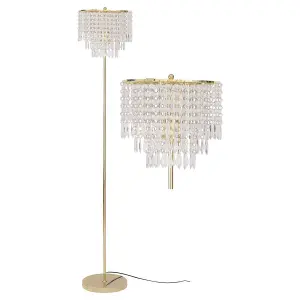 First Choice Lighting Pair of Cascada Gold and Acrylic Crystal Jewelled Floor Lamp