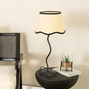 ValueLights Wiggle Black Metal Stem Table Lamp with Linen Scallop Black Trim Tapered Lamp Shade