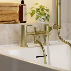 GoodHome Akita Satin Brass effect Deck-mounted Bath mixer tap with shower kit