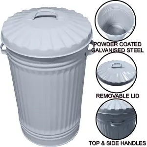 Metal Bin Retro Dustbin Waste Rubbish Bin Rubbish Waste Animal Feed Outdoor or Indoor Bin, Light Grey Slim Tall Tapered Steel Bin