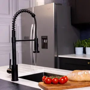 Flode Fjadra Pull Out Kitchen Sink Mixer Tap Spring Style Mixer Tap Matt Black Round Head