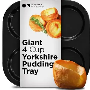 Wrenbury Pro Extra Large Yorkshire Pudding Tray - 4 Hole 10cm Non-Stick Tin - Heavy Gauge Baking Tray With 10 Year Guarantee - For Giant Yorkies