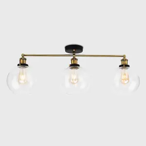 ValueLights Sheridan 3 Way Black & Gold Ceiling Light Fitting with Clear Glass Globe Shades - LED Filament Bulbs In Warm White