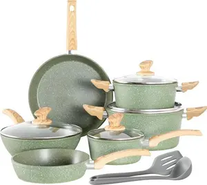 Kitchen Academy Induction Cookware Sets - 12 Piece Cooking Pan Nonstick Set, Granite Green Pots And Pans Set