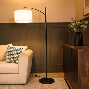 ValueLights Preto Black Metal Curve Stem Living Room Floor Lamp with a Cream Boucle Shade