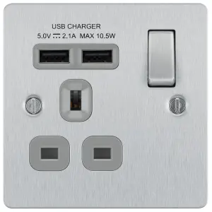 BG Brushed Steel Single 13A Flat Switched Screwed Socket with USB, x2 & Grey inserts