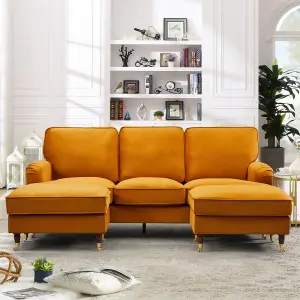 Woodbury 218cm Wide U-Shaped Orange Velvet Fabric Corner Sofa Walnut Colour Legs with Brass Coloured Wheel