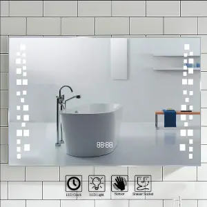 LED Illuminated Anti Fog Sensor Bathroom Mirror with Shaver Socket and Digital Clock