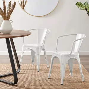 Honora Classic Industrial Metal Dining Chair with Arms - Style Bold Colour Stackable Side Chair (Set of 2) White