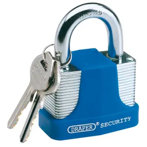 Draper 30mm Laminated Steel Padlock and 2 Keys with Hardened Steel Shackle and Bumper 64179