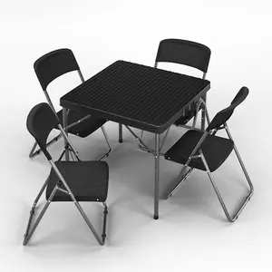 URBNGARDEN 82cm Height Black Square Rattan 4 Folding Chairs with Table Outdoor Garden Furniture