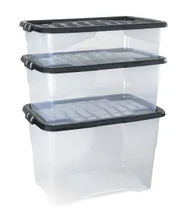 Strata Curve Clear & Black 30L Small Stackable Storage box with Lid, Pack of 3