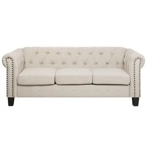 3 Seater Fabric Sofa Nailhead Trim Beige CHESTERFIELD