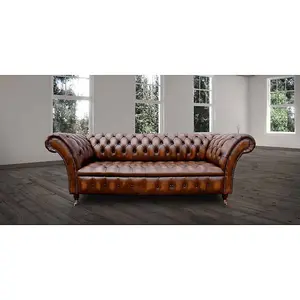 Chesterfield 3 Seater Antique Tan Leather Button Seat Sofa Settee In Balmoral Style