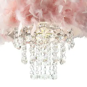 Contemporary Pink Feather Pendant Light Shade with Transparent Acrylic Droplets