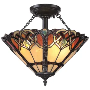 2 Bulb Semi Flush Tiffany Style Coloured Glass Vintage Bronze Base LED E27 100W