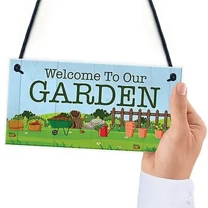 Red Ocean Welcome To Our Garden Sign Hanging Wall Door Shed Sign Gift For Him Her Home Decor Garden Plaques