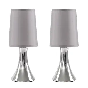 ValueLights Pair of - Small Chrome Touch Table Lamps with Grey Fabric Shades With 5w LED Dimmable Candle Bulbs In Warm White