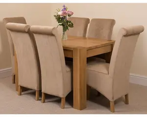 Kuba 125 x 80 cm Chunky Oak Small Dining Table and 6 Chairs Dining Set with Montana Beige Fabric Chairs