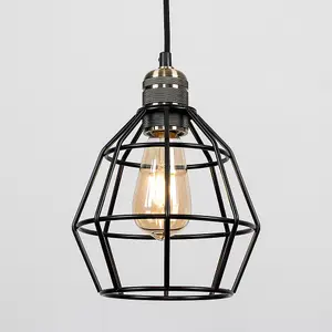 ValueLights Angus Antique Brass Ceiling Pendant Light Fitting with Black Wire Cage Shade