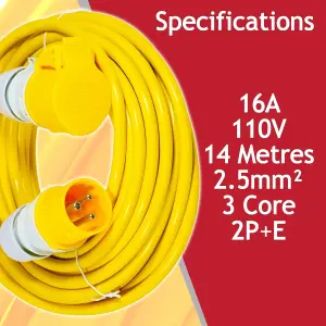 SPARES2GO 110V Extension Lead 14m 16A 2.5mm Heavy Duty Outdoor Construction Site Generator Cable (Yellow)