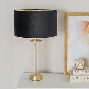 ValueLights Balan Glass with Gold Table Lamp and Black Velvet with Metallic Gold Inner Lamp Shade and LED Bulb