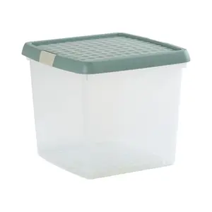 Wham Clip 4x 14L Square Plastic Storage Boxes with Secure Clip Lock Lids. L:29 x W:29 x H:26cm Clear/Green Milieu/Stone