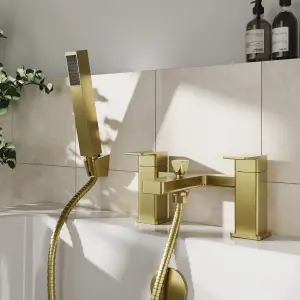 Square Bath Shower Mixer Tap with Shower Kit - Brushed Brass - Balterley